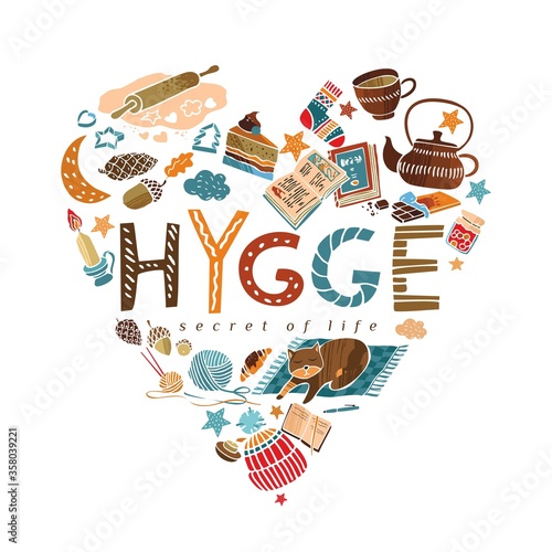 Symbols of the Danish happy life with the word hygge in the center are arranged in the shape of a heart. Scandinavian style for invitations, towels, tableware and decorative works. Vector illustration