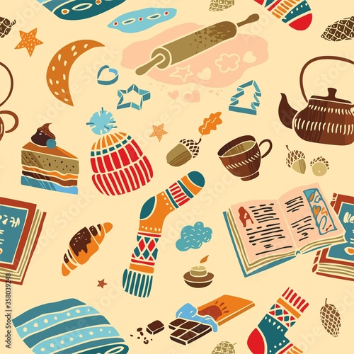 Seamless pattern with symbols of hygge. Background for fabric, Wallpaper, invitation to a house party. Poster about the happy secrets of Danish life. Scandinavian style. Cute Vector illustration