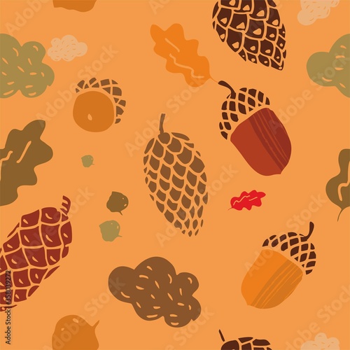 Seamless color pattern with cones, acorns and autumn leaves hand-drawn. Autumn theme for invitations, background, print on fabrics and Wallpaper. Cute flat vector illustration