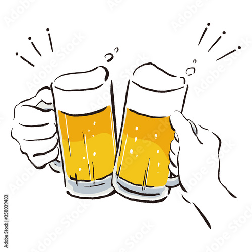 ビールジョッキで乾杯 墨絵×カラー
