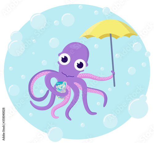 Octopus with an umbrella in the bubbles
