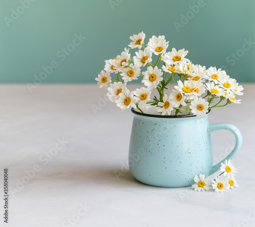 Daisy flowers in a blue cup. Summertime season. Copy space