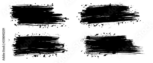 Set of black ink, grunge. Black inked splatter dirt stain splatter spray splash with drops blots isolated vector grunge silhouette set. Brush strokes of different shapes for frame, banner, label, text