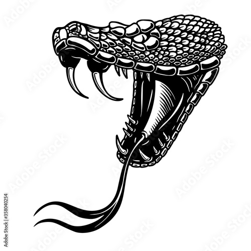 Illustration of poisonous snake head in engraving style. Design element for logo, label, sign, poster, t shirt. Vector illustration