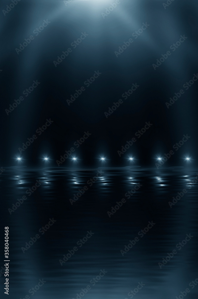 Dark empty scene, blue neon searchlight light, wet asphalt, smoke, night view, rays. Reflection on the water, night view. Liquid. 3d illustration. Dark empty scene, blue neon searchlight light, wet asphalt, smoke, night view, rays. Reflection on the water, night view. Liquid. 3d illustration.