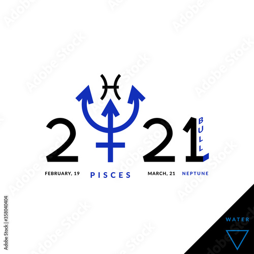 Pisces zodiacal sign inside the ruler planet of it, astrological headline banner of 2021th year of the bull