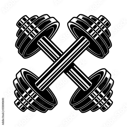 Illustration of crossed heavy athletic barbells in engraving style. Design element for logo, label, emblem, sign, badge. Vector illustration