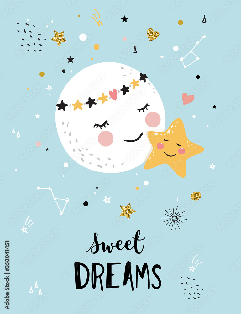 Fototapeta premium Cute moon and little star, Baby Shower invitation. Sweet dreams card, Nursery poster, kids t-shirt print.