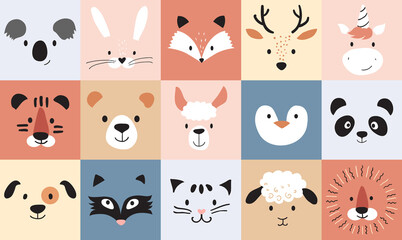Gardinen Tiermuster Niedliche Tiere für Kinder und Babys, Kinderzimmerposter für Babyzimmer, Grußkarten, kindisches nahtloses Muster. Handgezeichneter skandinavischer Stil, Vektorillustration.  © Colorlife
