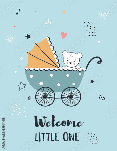 Baby shower greeting with  cute little bear in baby carriage.