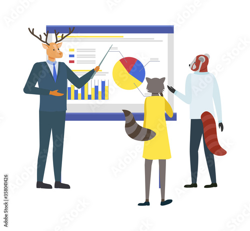 Presentation of deer vector, hipster animals at work, raccoon lady looking at whiteboard with information, proposing ideas. Working process company