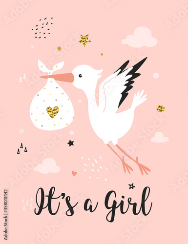Baby girl card with cute stork. Nursery poster , hand drawn vector illustration
