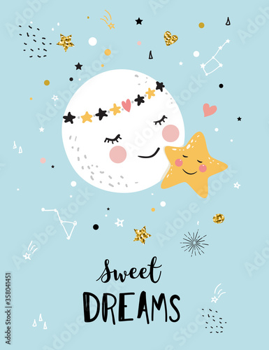 Cute moon and little star, Baby Shower invitation. Sweet dreams card, Nursery poster, kids t-shirt print.