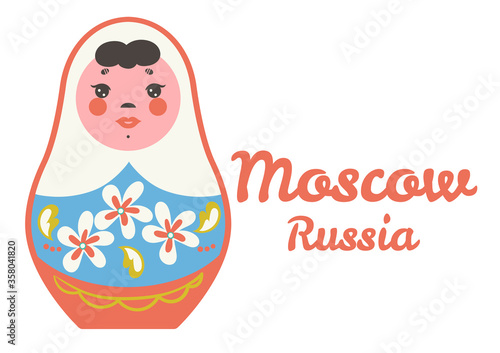 Greeting card with Matryoshka on a white background. Moscow, Russia. Vector graphics.
