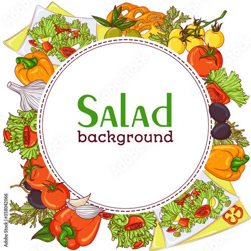 Vector illustration of round frame with salad and various vegetables isolated on white background. Design template for menu, cookbook, banner