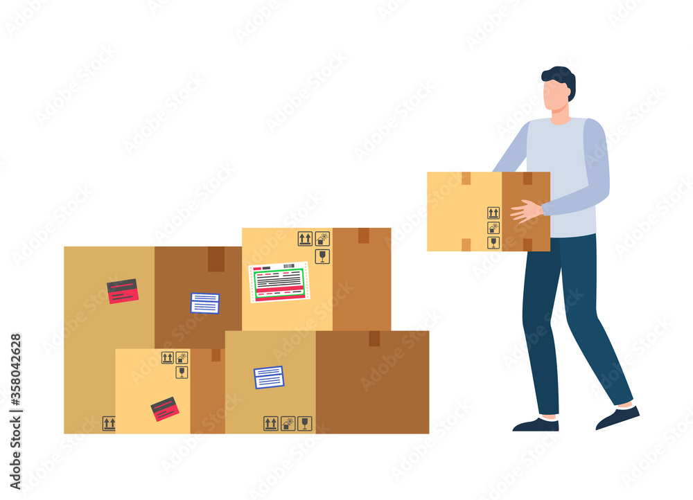 Man courier holding paper box, portrait view of worker character with carton container, parcel delivery, transportation of goods, package decoration vector Man courier holding paper box, portrait view of worker character with carton container, parcel delivery, transportation of goods, package decoration vector
