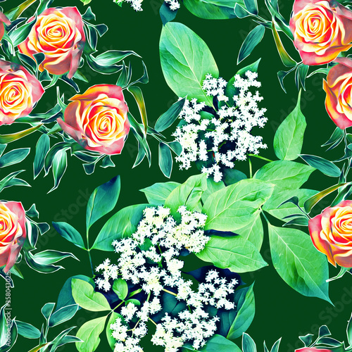 Roses with elder flowers, seamless pattern.