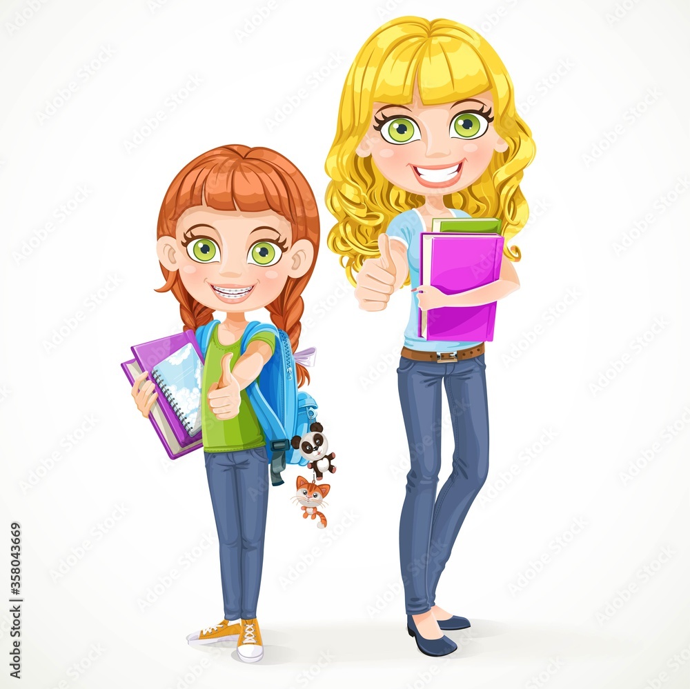 Two cartoon girls in full growth ready for school senior and junior show thumb isolated on white background Two cartoon girls in full growth ready for school senior and junior show thumb isolated on white background
