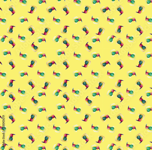 watercolor seamless pattern with cactus on a yellow background