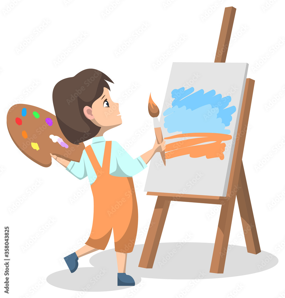 Art club after lessons for pupils. Girl standing with colorful paint palette and brush or tassel. Kid drawing painting on canvas or easel. Back to school concept. Flat cartoon vector illustration Art club after lessons for pupils. Girl standing with colorful paint palette and brush or tassel. Kid drawing painting on canvas or easel. Back to school concept. Flat cartoon vector illustration