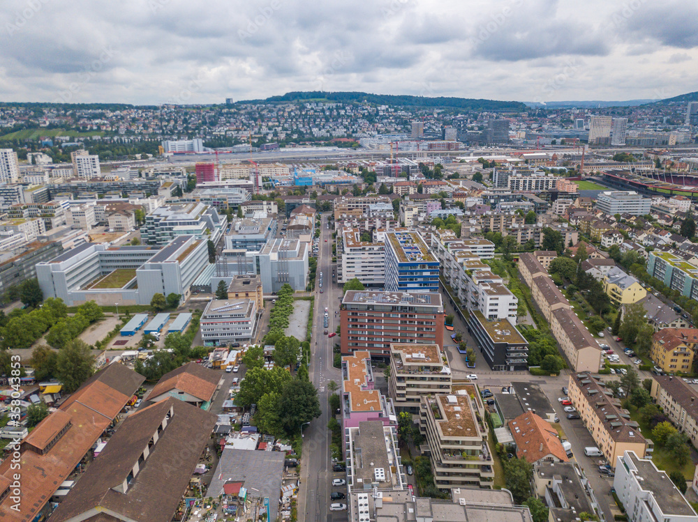Aerial perspective view of Zurich city in Switzerland.