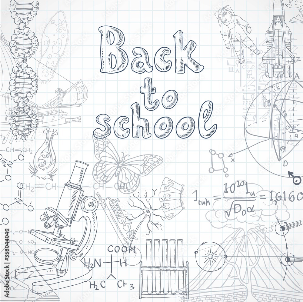 Back to school  squared paper sheet with doodles