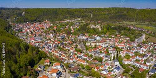Aerial view of the city and monastery Blaubeuern on a sunny day in Spring during the coronavirus lockdown. 