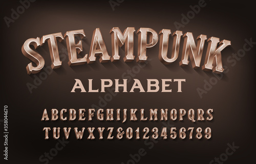 Steampunk alphabet font. 3d retro brass letters and numbers. Stock vector typescript for your design.
