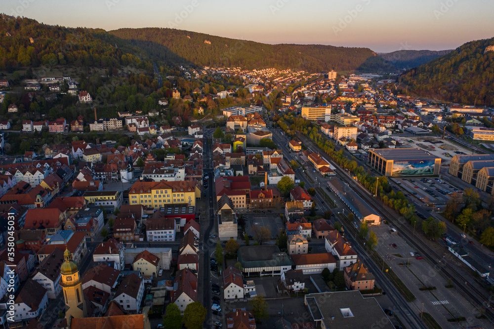 Aerial view of the city Albstadt in spring on la late sunny afternoon during the coronavirus lockdown.
