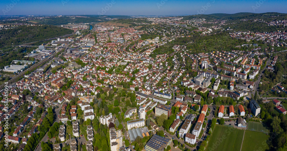 Aerial view of the city Esslingen on a sunny morning in Spring during the coronavirus lockdown.
