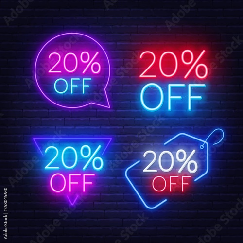 20 percent off set of neon signs on a dark background. Discount for sale promotion.