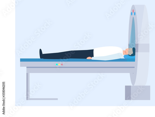 Patient character lying in medical or diagnostic equipment. Full length view of man in laboratory healthcare innovation clinic researching vector, computer tomografy CT, magnetic resonance imaging MRI