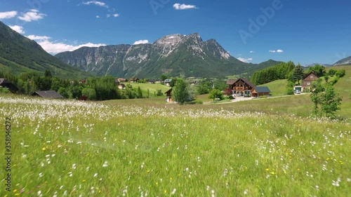 Flying over a flower meadow to Bad Aussee, Austrian Alps, Salzkammergut, Ausseerland, Austria