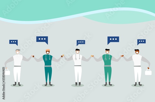 A team of doctors and nurses in full uniform is carrying a stethoscope and medical supplies to help cure patients who have contracted diseases, viruses, or epidemics. Vector illustration