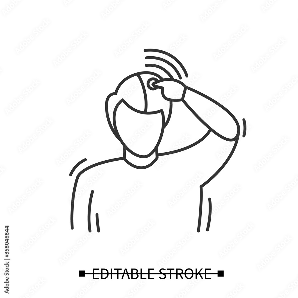 Cluster headache icon. Linear pictogram of male person touching painfully pulsating head. Disease symptom, hypertension sign and health issue concept. Editable stroke vector illustration. Cluster headache icon. Linear pictogram of male person touching painfully pulsating head. Disease symptom, hypertension sign and health issue concept. Editable stroke vector illustration.