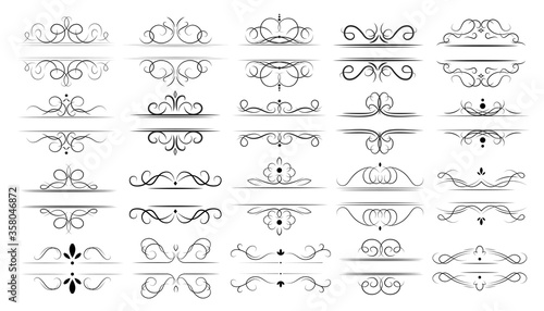 Calligraphic dividers set. Decorative elegant lines, ornamental swirls and border frames for wedding cards, vector illustration collection. Classic ornaments and decoration concept