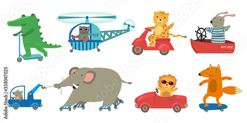 Cute animals riding toy transport set. Happy funny lion, crocodile, bunny travelling by helicopter, boat, motor bike, skateboard. Cartoon characters for transportation or driving concept