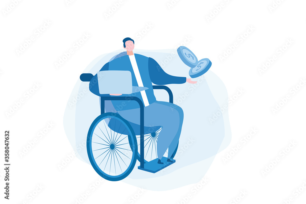 Man on wheelchair, money. Disabled people business. world disability day, handicapped persons. Vector illustration for web banner, infographics, mobile, Man on wheelchair, money. Disabled people business. world disability day, handicapped persons. Vector illustration for web banner, infographics, mobile,