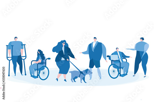 Disabled people work together in the office, world disability day, handicapped persons. Vector illustration for web banner, infographics, mobile, men and women with special needs
