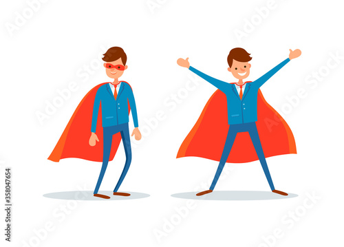 Man wearing robe like hero, businessman superman with red cloak vector. Successful person working in business industry. Boss, company chief executive