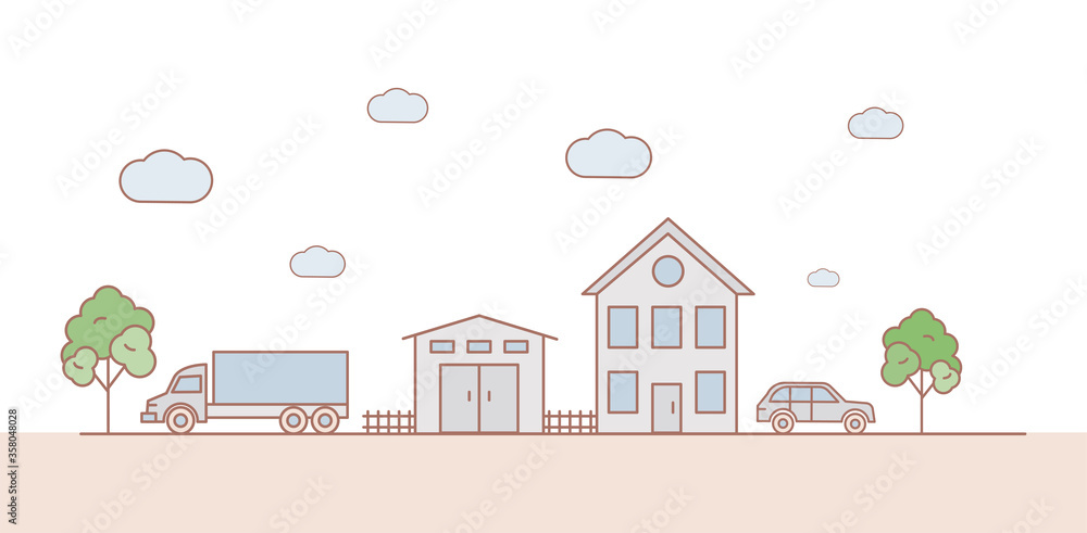 Suburban landscape vector cartoon outline illustration. The street with cars, green trees, garage, cute modern family house. Traffic on the road, village panorama concept.
