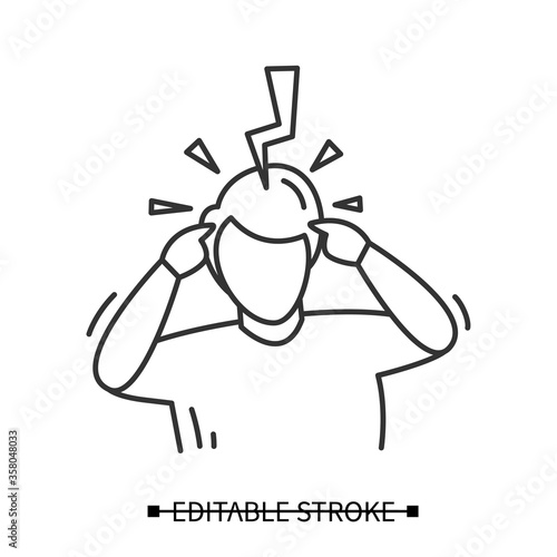Headache icon. Person avatar with big thunderclap strike. Concept linear pictogram suffering extremely intense head pain and severe migraine. Editable stroke vector illustration