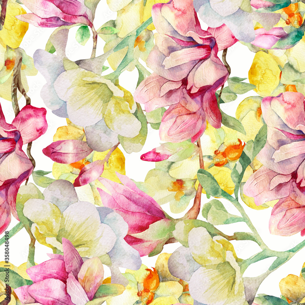 watercolor pattern with orchids and magnolias