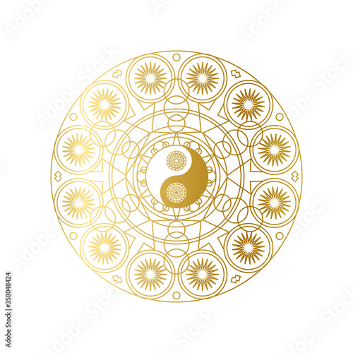 Shiny Golden Mandala with Yin Yang Sign Isolated