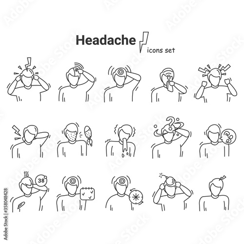 Headache icons set. Linear vector medical pictogram illustrations of head pain, heat stroke, concussion and migraine. Concept of fast health problem diagnostics. Editable stroke vector illustrations