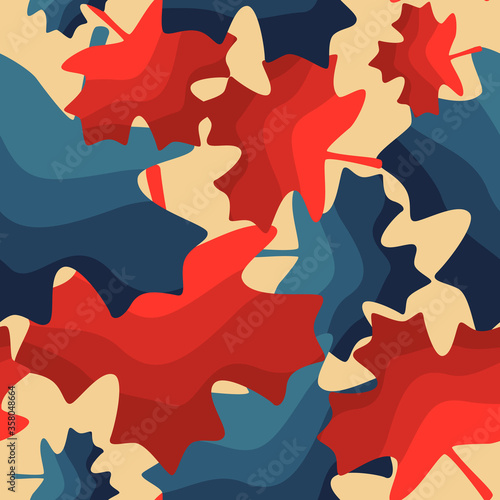 Maple leaves on yellow backdrop. Autumn textile seamless pattern for wrapping paper, sleeper, pillowcase or bed linen, bath tile. Phone case or cloth print. Flat style stock vector illustration