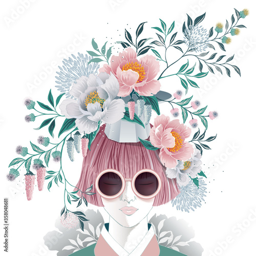 Vector illustration of a short-haired girl with flowers on her head, Korean traditional container decorating with flowers. Design for picture frame, poster, greeting card, and invitation