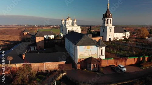 Beautiful view of Zimnensky Svyatogorsky monastery from above. View of the domes and the Assumption Cathedral. photo