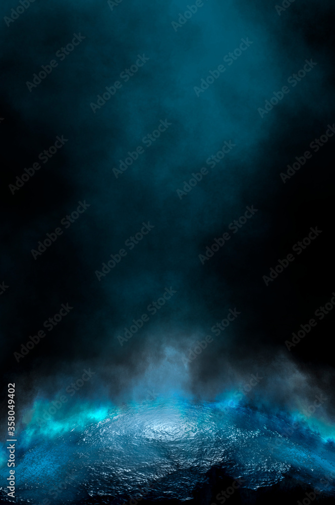 Empty futuristic dramatic scene. Abstract dark landscape, street. Neon light fluid element. Night view, neon blue light. Fantasy background. 3D illustration