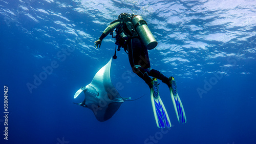 Diver admiring the flight of a giant manta ray in the blue. Isla Socorro. Mexico.